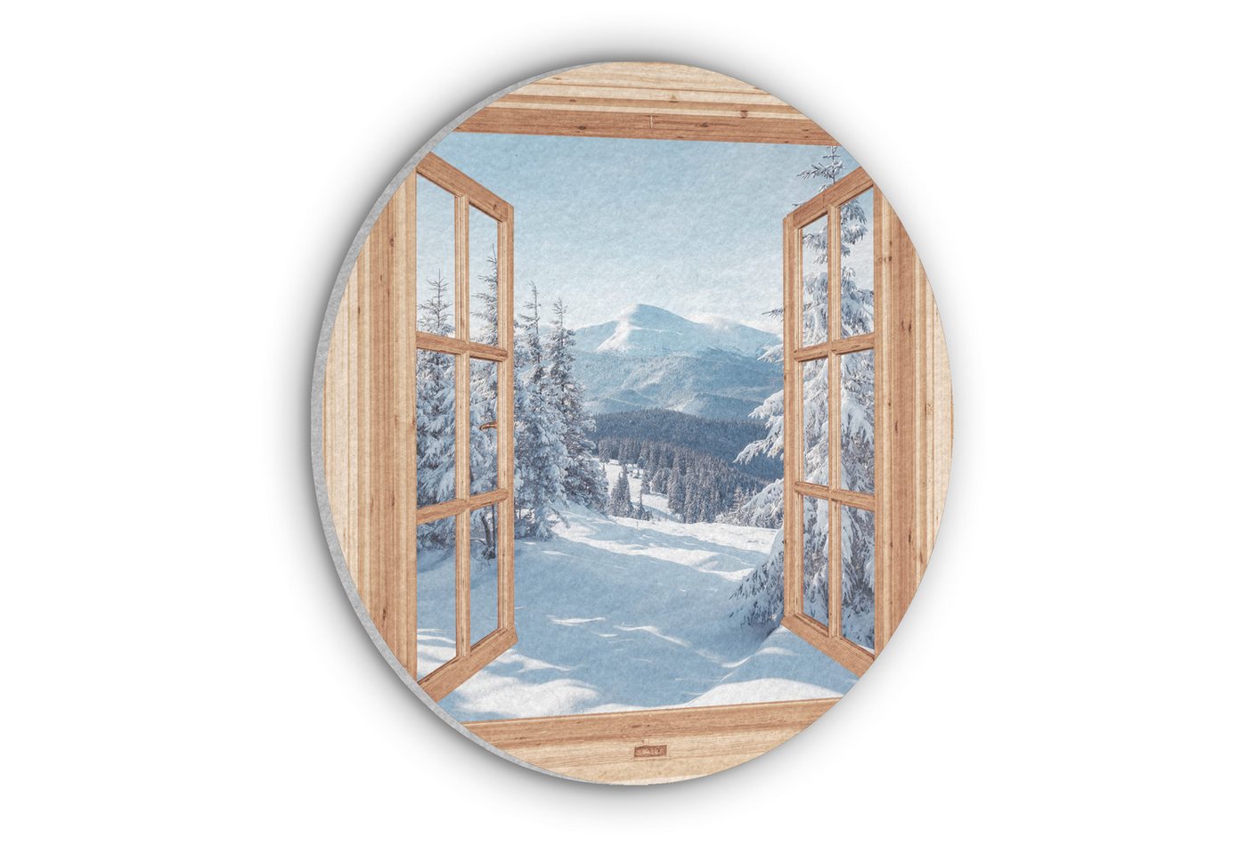 MuchoWow Gemälde Durchblick - Winterlandschaft - Natur - Berg - Bäume - Holz, Fotodruck (1 St), Akustikpaneele rund, Schalldämmung, Akustikbilder 30x30 cm von MuchoWow