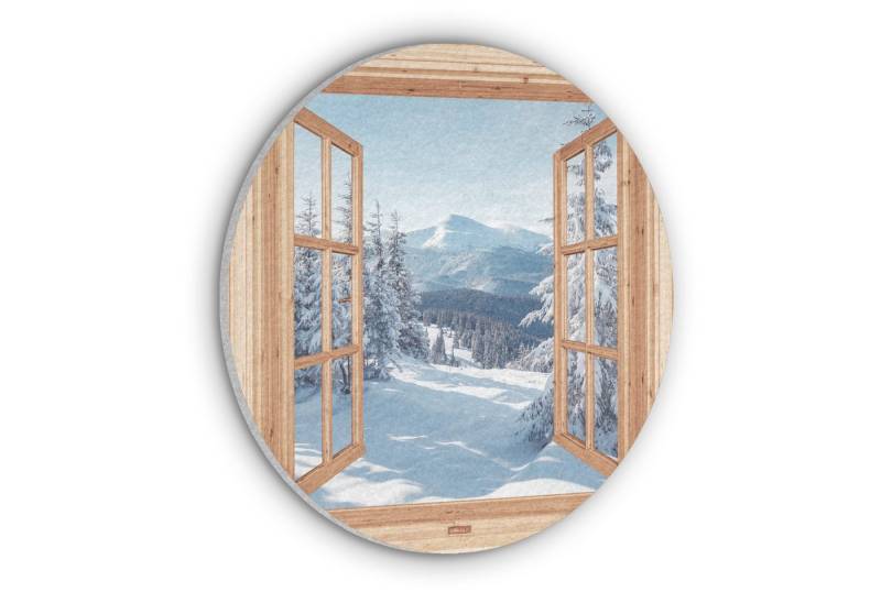 MuchoWow Gemälde Durchblick - Winterlandschaft - Natur - Berg - Bäume - Holz, Fotodruck (1 St), Akustikpaneele rund, Schalldämmung, Akustikbilder 30x30 cm von MuchoWow