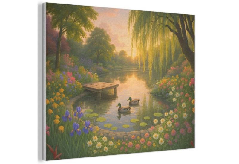 MuchoWow Gemälde Enten - Teich - Blumen, Fotodruck (1 St), Akustikpaneele PET-Filz, Akustikbild, Schalldämmung, Deko 40x30 cm von MuchoWow