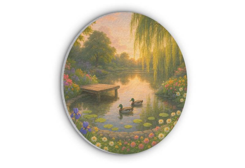 MuchoWow Gemälde Enten - Teich - Blumen, Fotodruck (1 St), Akustikpaneele rund, Schalldämmung, Akustikbilder 30x30 cm von MuchoWow
