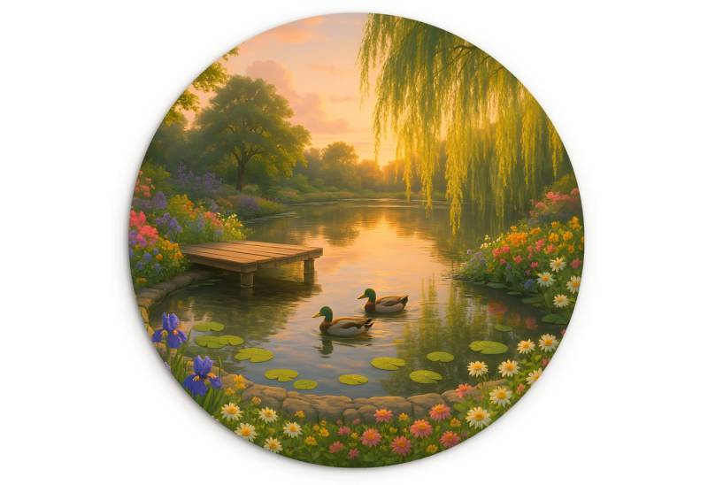 MuchoWow Gemälde Enten - Teich - Blumen, Fotodruck (1 St), Kreis Wanddekoration, Rundes Wandbild, 30x30 cm von MuchoWow