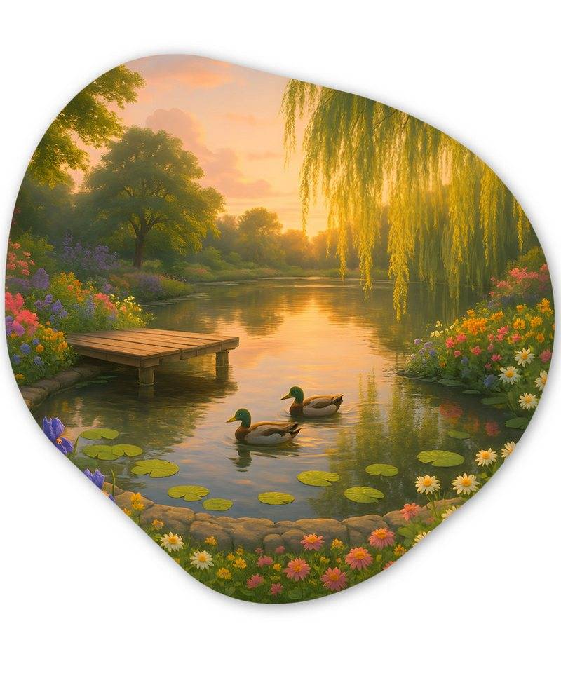 MuchoWow Gemälde Enten - Teich - Blumen, Fotodruck (1 St), Wandbild Abstrakt, Wohnzimmer Schlafzimmer Wanddekoration, 40x40 cm von MuchoWow