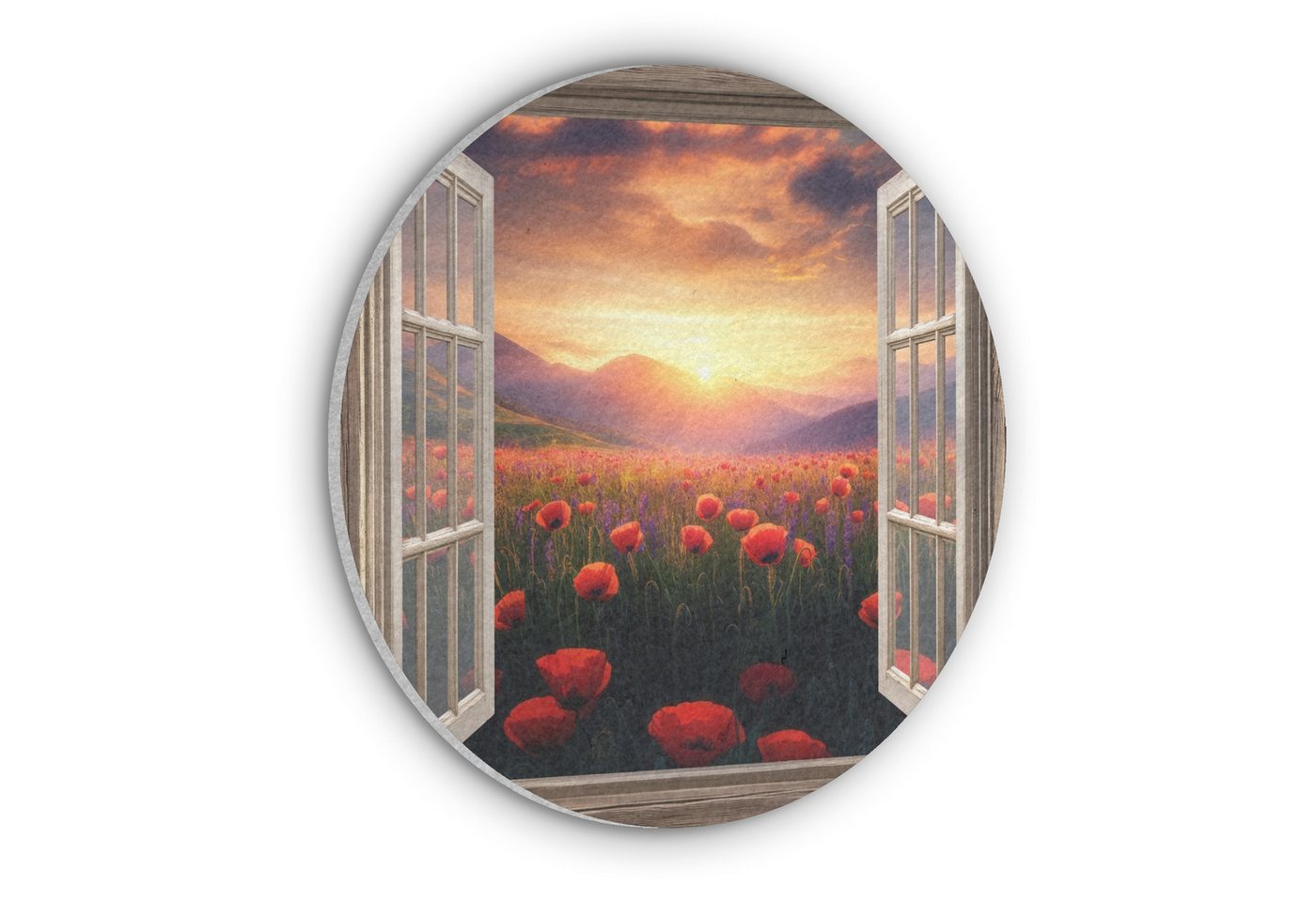 MuchoWow Gemälde Fensterblick - Fenster - Mohnblumen - Blumen - Rot - Offenes Fenster, Fotodruck (1 St), Akustikpaneele rund, Schalldämmung, Akustikbilder 30x30 cm von MuchoWow