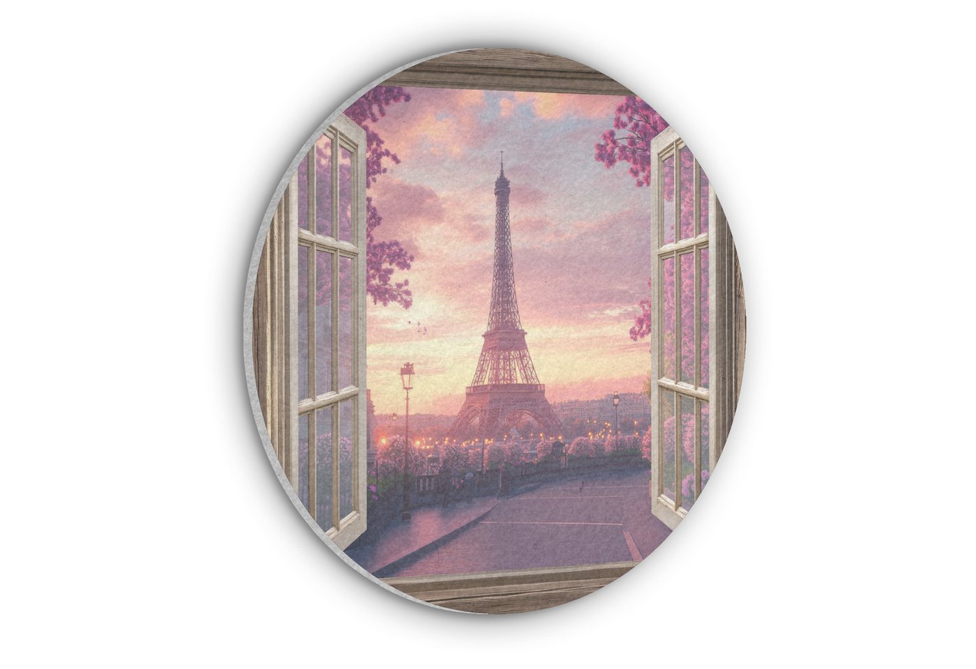 MuchoWow Gemälde Fensterblick - Fenster - Paris - Eiffelturm - Rosa - Kirschblüte, Fotodruck (1 St), Akustikpaneele rund, Schalldämmung, Akustikbilder 30x30 cm von MuchoWow