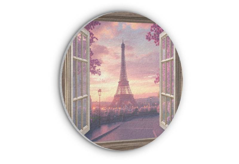 MuchoWow Gemälde Fensterblick - Fenster - Paris - Eiffelturm - Rosa - Kirschblüte, Fotodruck (1 St), Akustikpaneele rund, Schalldämmung, Akustikbilder 30x30 cm von MuchoWow