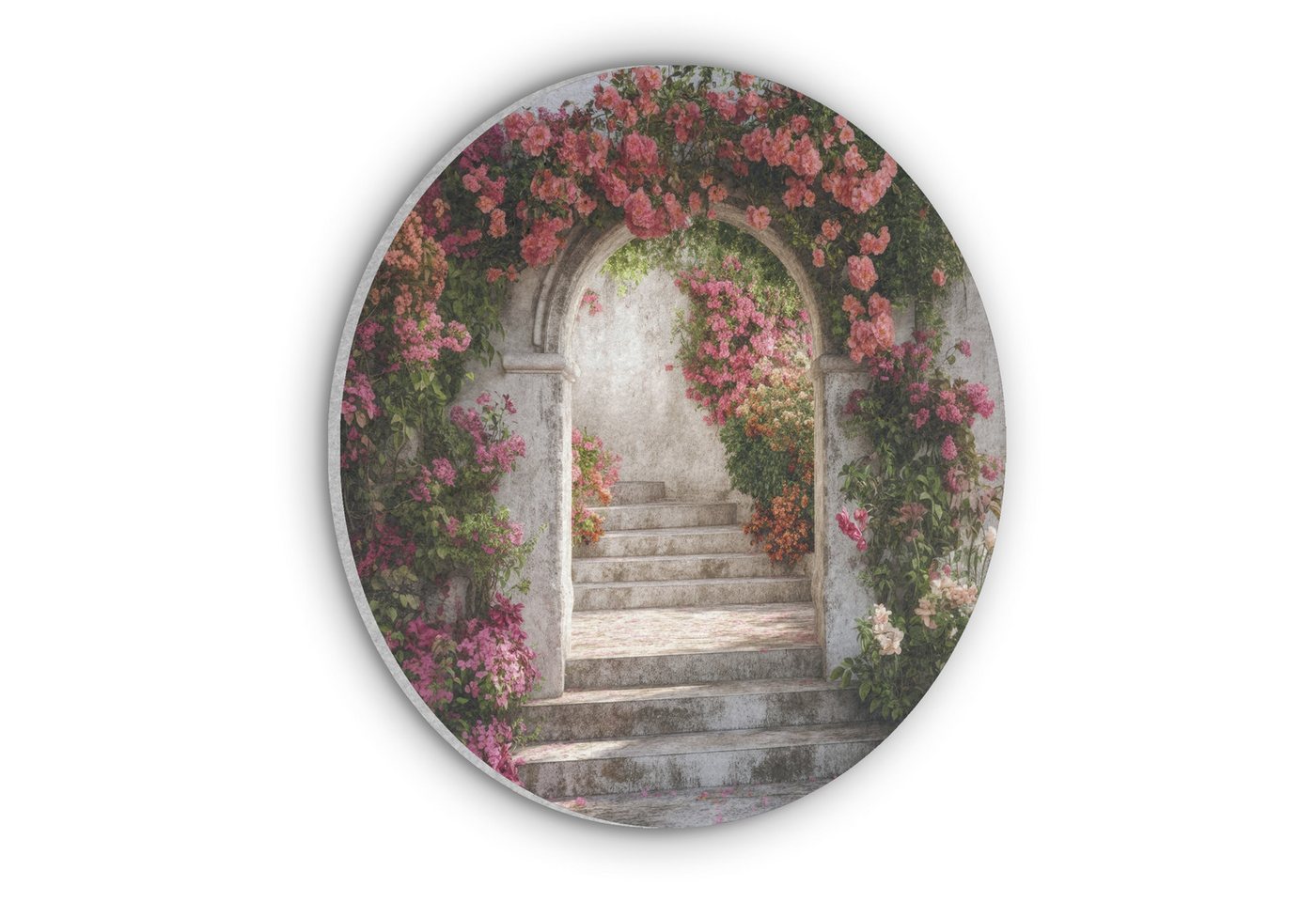 MuchoWow Gemälde Fensterblick - Fenster - Rosen - Vintage - Tor, Fotodruck (1 St), Akustikpaneele rund, Schalldämmung, Akustikbilder 30x30 cm von MuchoWow