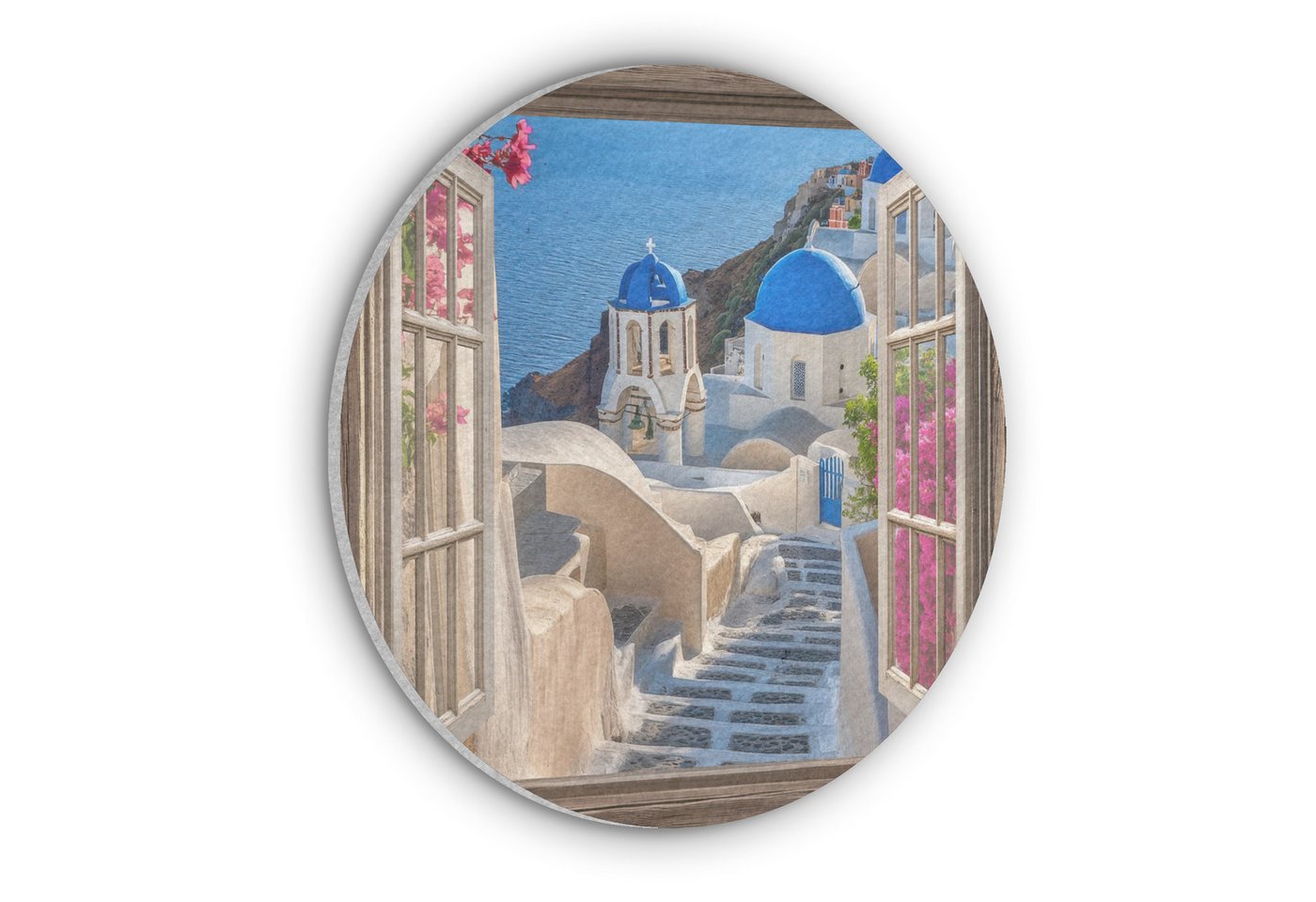 MuchoWow Gemälde Fensterblick - Fenster - Santorini - Landschaft - Blau - Griechisch, Fotodruck (1 St), Akustikpaneele rund, Schalldämmung, Akustikbilder 30x30 cm von MuchoWow