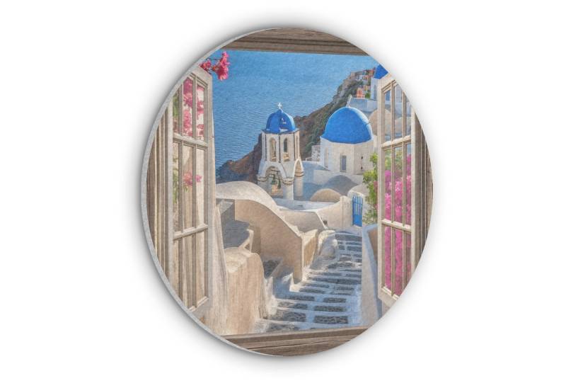 MuchoWow Gemälde Fensterblick - Fenster - Santorini - Landschaft - Blau - Griechisch, Fotodruck (1 St), Akustikpaneele rund, Schalldämmung, Akustikbilder 30x30 cm von MuchoWow