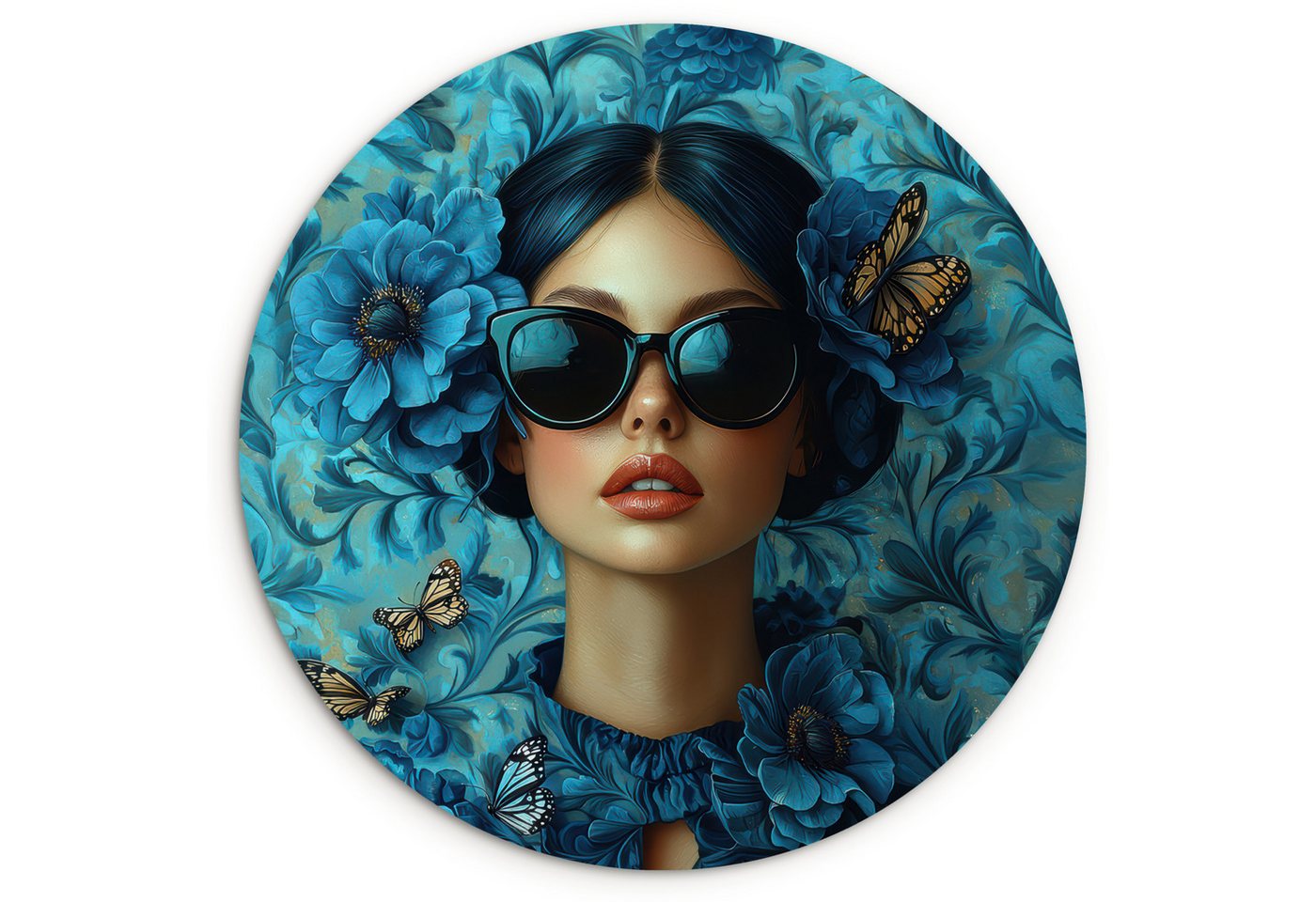 MuchoWow Gemälde Frau - Blumen - Schmetterlinge - Blau - Abstrakt, Fotodruck (1 St), Kreis Wanddekoration, Rundes Wandbild, 30x30 cm von MuchoWow