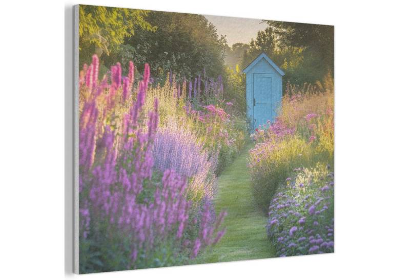 MuchoWow Gemälde Gartenhaus - Blau - Blumen, Fotodruck (1 St), Akustikpaneele PET-Filz, Akustikbild, Schalldämmung, Deko 40x30 cm von MuchoWow