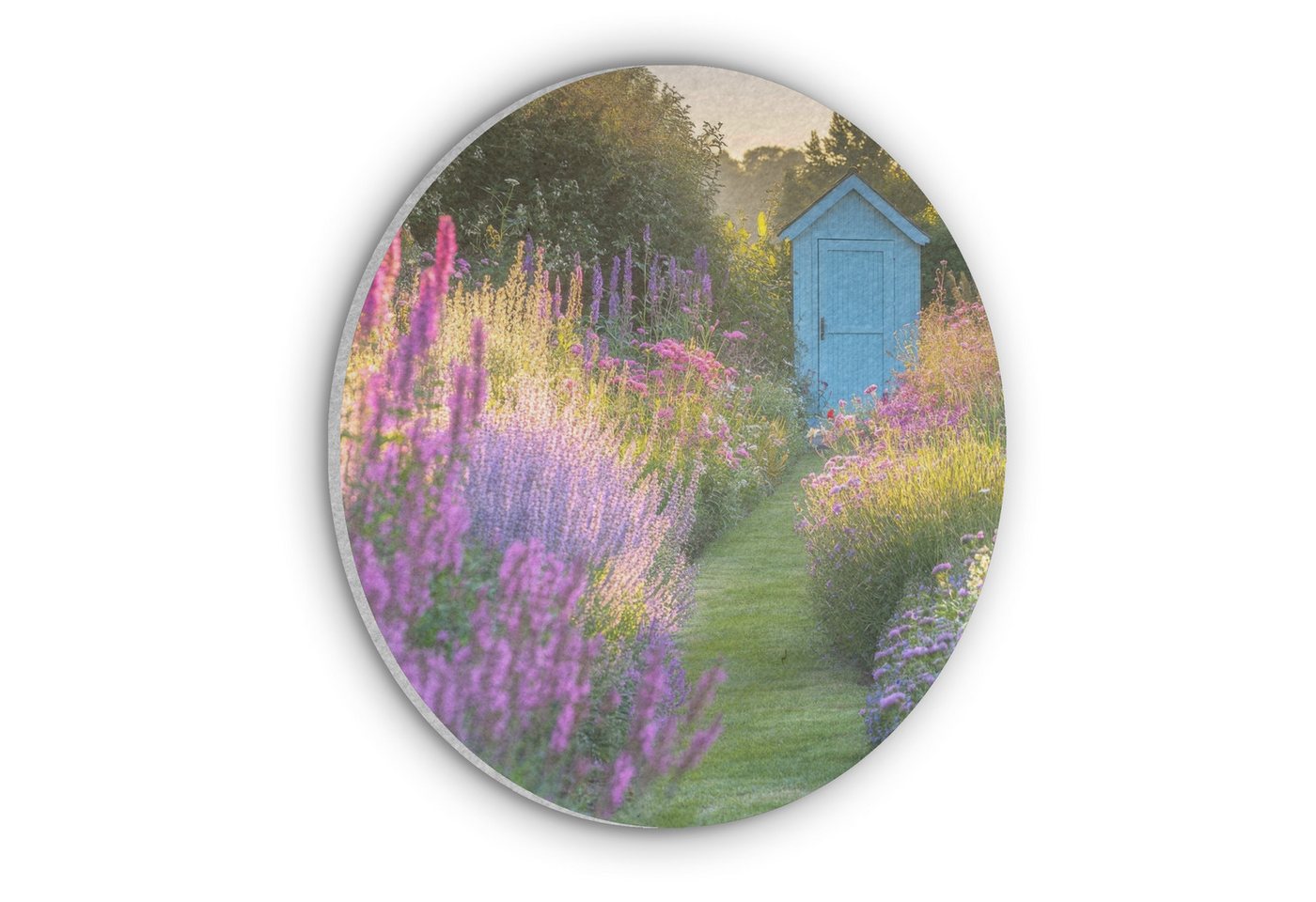 MuchoWow Gemälde Gartenhaus - Blau - Blumen, Fotodruck (1 St), Akustikpaneele rund, Schalldämmung, Akustikbilder 30x30 cm von MuchoWow