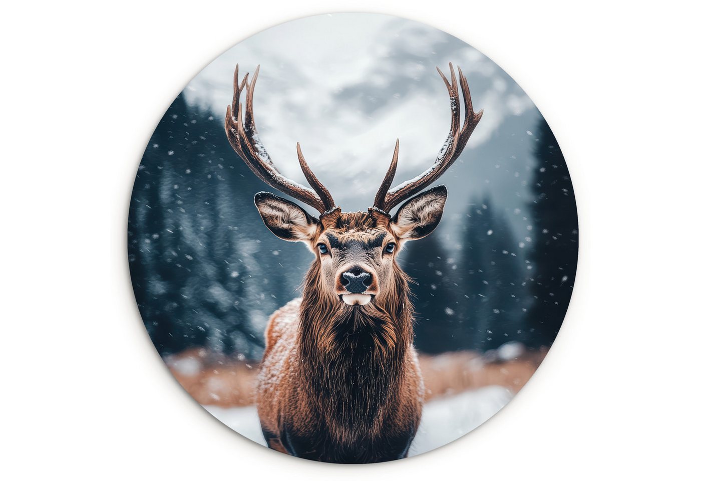 MuchoWow Gemälde Hirsche - Tiere - Landschaft - Winter - Schnee, Fotodruck (1 St), Kreis Wanddekoration, Rundes Wandbild, 30x30 cm von MuchoWow