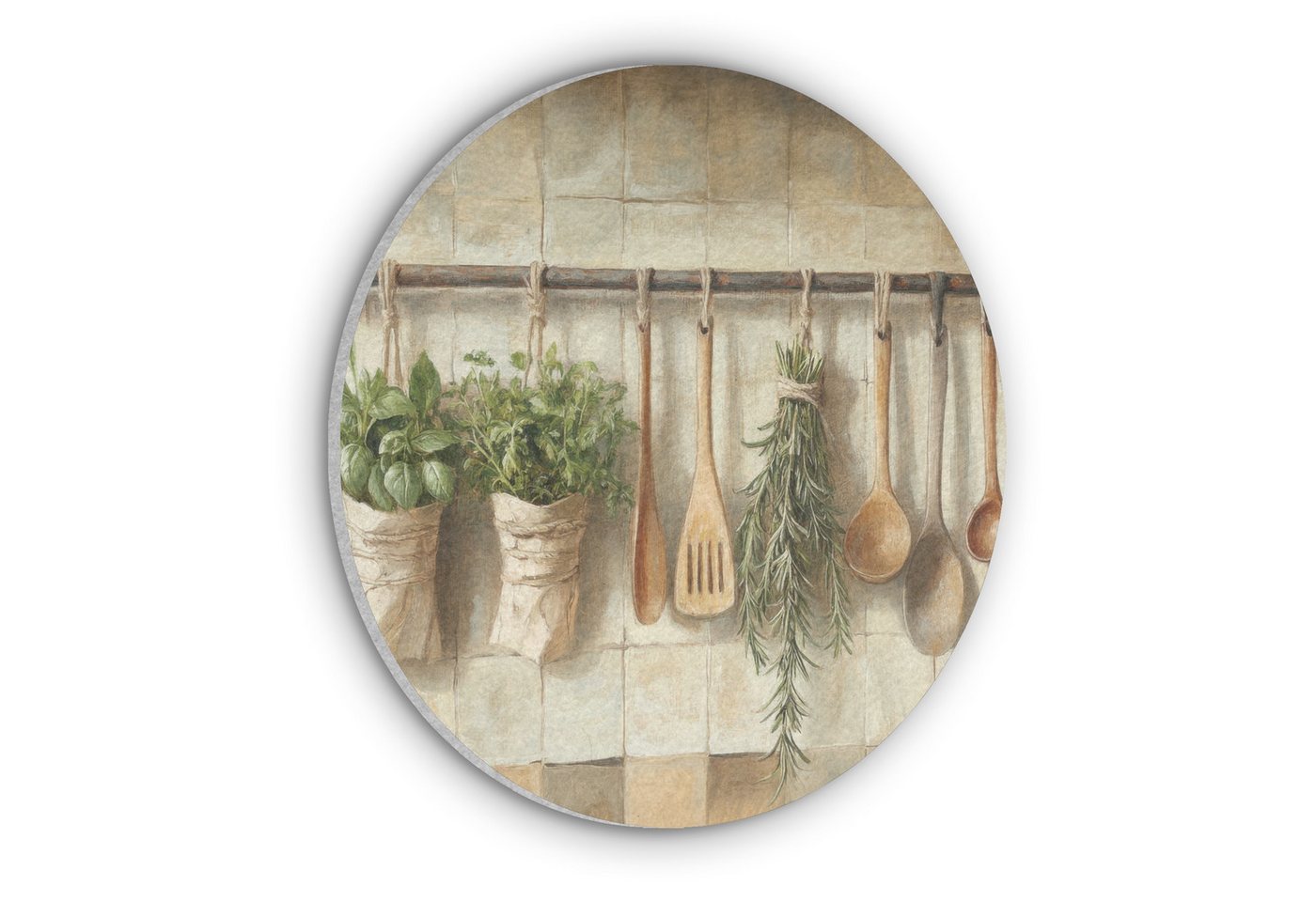 MuchoWow Gemälde Holz - Küchengeräte - Stilleben - Kacheln, Fotodruck (1 St), Akustikpaneele rund, Schalldämmung, Akustikbilder 30x30 cm von MuchoWow