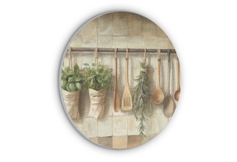 MuchoWow Gemälde Holz - Küchengeräte - Stilleben - Kacheln, Fotodruck (1 St), Akustikpaneele rund, Schalldämmung, Akustikbilder 30x30 cm von MuchoWow