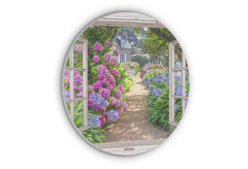 MuchoWow Gemälde Hortensie - Fensterblick - Fenster - Blumen - Sommer - Lila - Weg, Fotodruck (1 St), Akustikpaneele rund, Schalldämmung, Akustikbilder 30x30 cm von MuchoWow