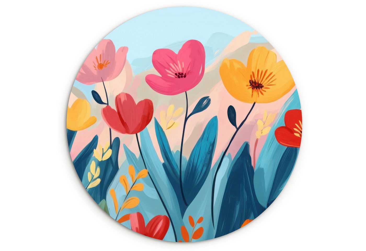 MuchoWow Gemälde Illustration - Blumen - Farbenfroh, Fotodruck (1 St), Kreis Wanddekoration, Rundes Wandbild, 30x30 cm von MuchoWow