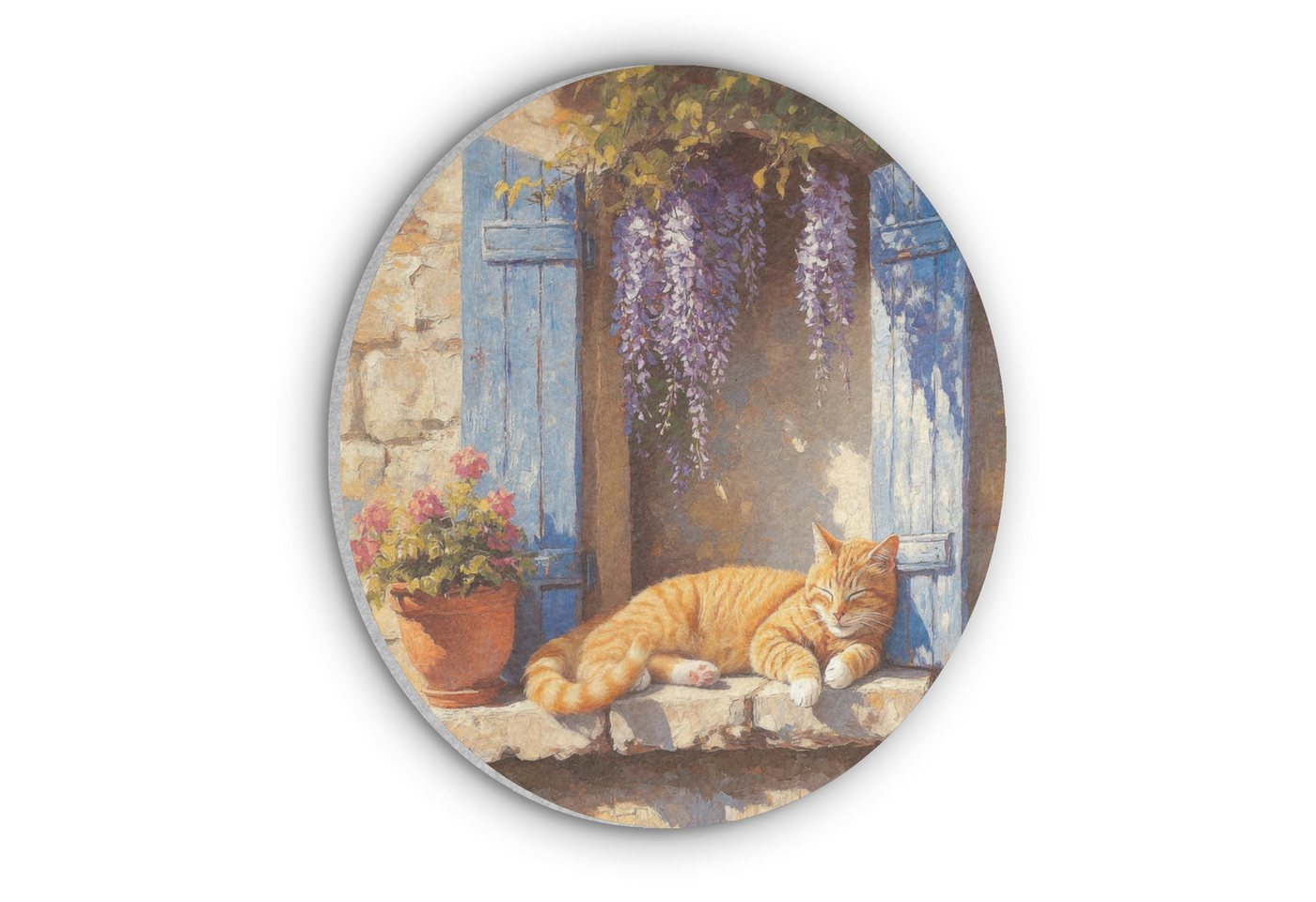 MuchoWow Gemälde Katze - Fensterbank aus Stein - Blumen, Fotodruck (1 St), Akustikpaneele rund, Schalldämmung, Akustikbilder 30x30 cm von MuchoWow