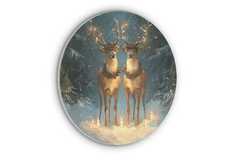 MuchoWow Gemälde Kiefer-Märchen - Rentier - Nacht, Fotodruck (1 St), Akustikpaneele rund, Schalldämmung, Akustikbilder 30x30 cm von MuchoWow