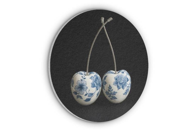 MuchoWow Gemälde Kirschen - Delfter Blau - Obst, Fotodruck (1 St), Akustikpaneele rund, Schalldämmung, Akustikbilder 30x30 cm von MuchoWow