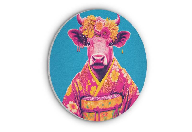 MuchoWow Gemälde Kuh - Blütenkranz - Ohrringe - Kimono, Fotodruck (1 St), Akustikpaneele rund, Schalldämmung, Akustikbilder 30x30 cm von MuchoWow