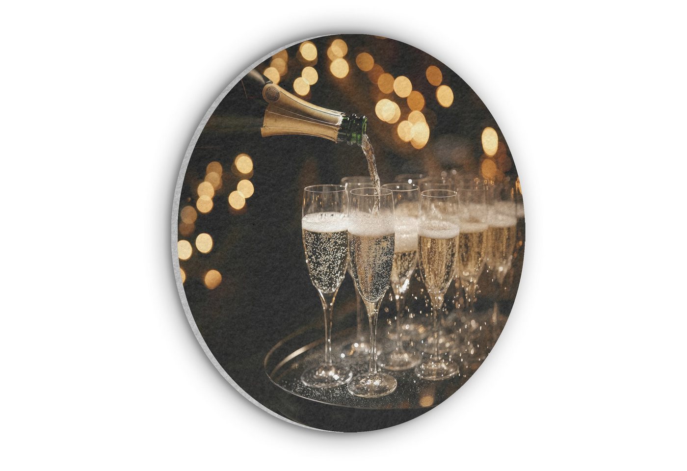 MuchoWow Gemälde Lichter - Champagner - Tablett - Gläser, Fotodruck (1 St), Akustikpaneele rund, Schalldämmung, Akustikbilder 30x30 cm von MuchoWow