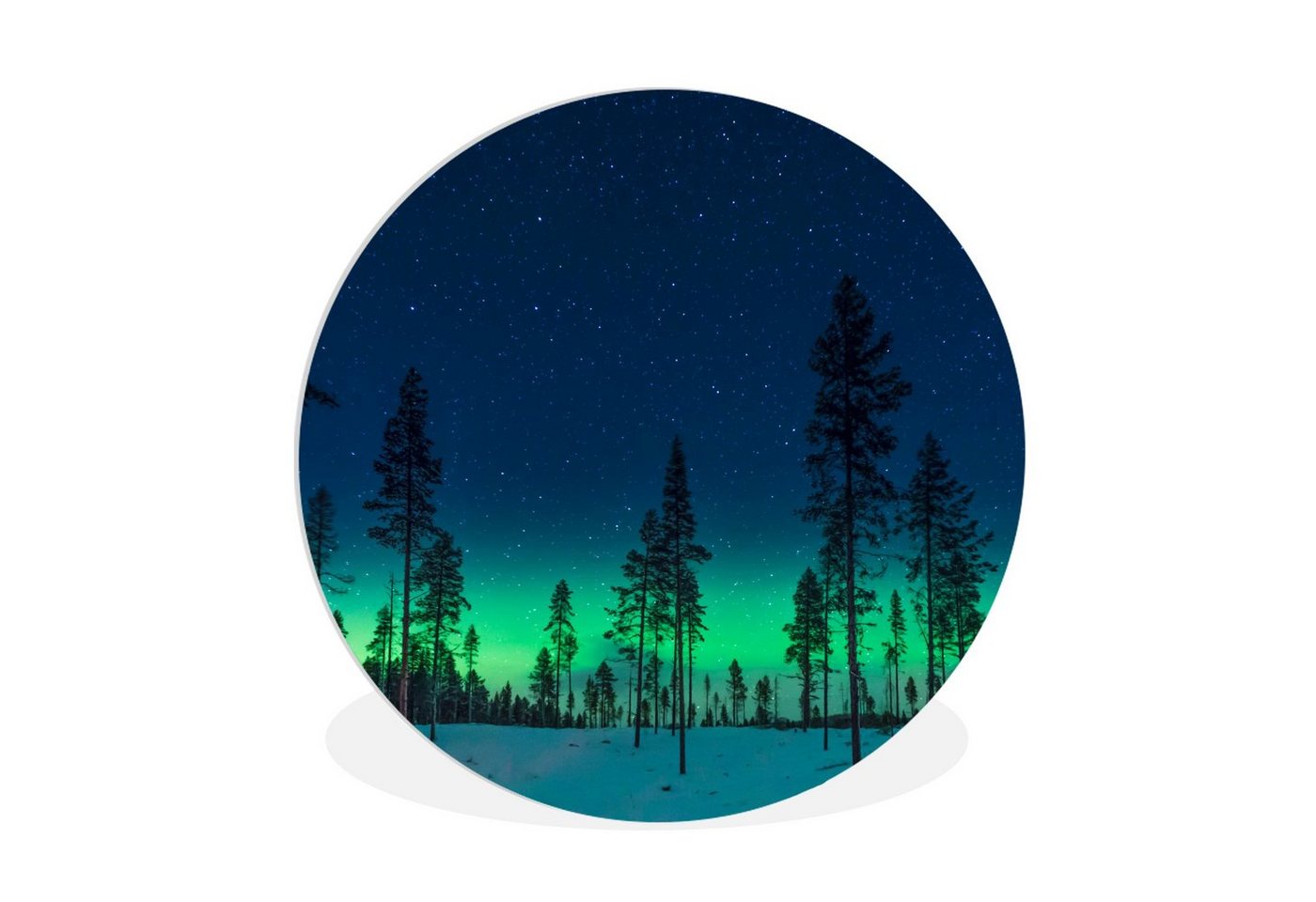 MuchoWow Gemälde Nordlicht - Schnee - Bäume - Natur - Grün, (1 St), Rundes wandbild für Wohnzimmer, Wandkreis, Wandschmuck, 90x90 cm von MuchoWow