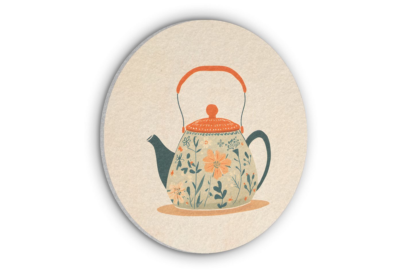 MuchoWow Gemälde Orange - Teekanne - Blumen - Blätter, Fotodruck (1 St), Akustikpaneele rund, Schalldämmung, Akustikbilder 30x30 cm von MuchoWow
