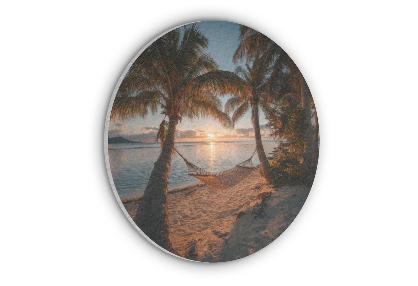 MuchoWow Gemälde Palmen - Hängematte - Strand - Sonnenuntergang, Fotodruck (1 St), Akustikpaneele rund, Schalldämmung, Akustikbilder 30x30 cm von MuchoWow