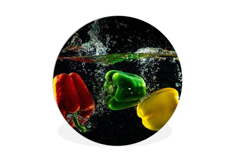 MuchoWow Gemälde Paprika - Gemüse - Wasser - Schwarz - Rot - Grün - Gelb, (1 St), Rundes wandbild für Wohnzimmer, Wandkreis, Wandschmuck, 90x90 cm von MuchoWow