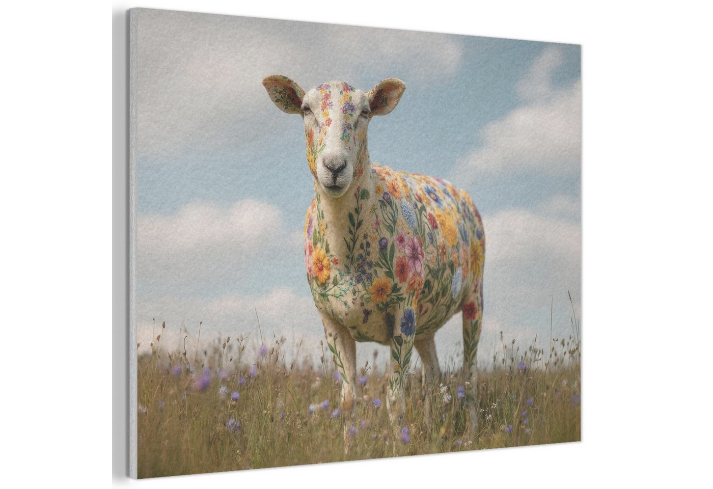 MuchoWow Gemälde Schafe - Blumen - Wiese, Fotodruck (1 St), Akustikpaneele PET-Filz, Akustikbild, Schalldämmung, Deko 40x30 cm von MuchoWow