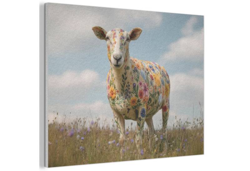 MuchoWow Gemälde Schafe - Blumen - Wiese, Fotodruck (1 St), Akustikpaneele PET-Filz, Akustikbild, Schalldämmung, Deko 40x30 cm von MuchoWow