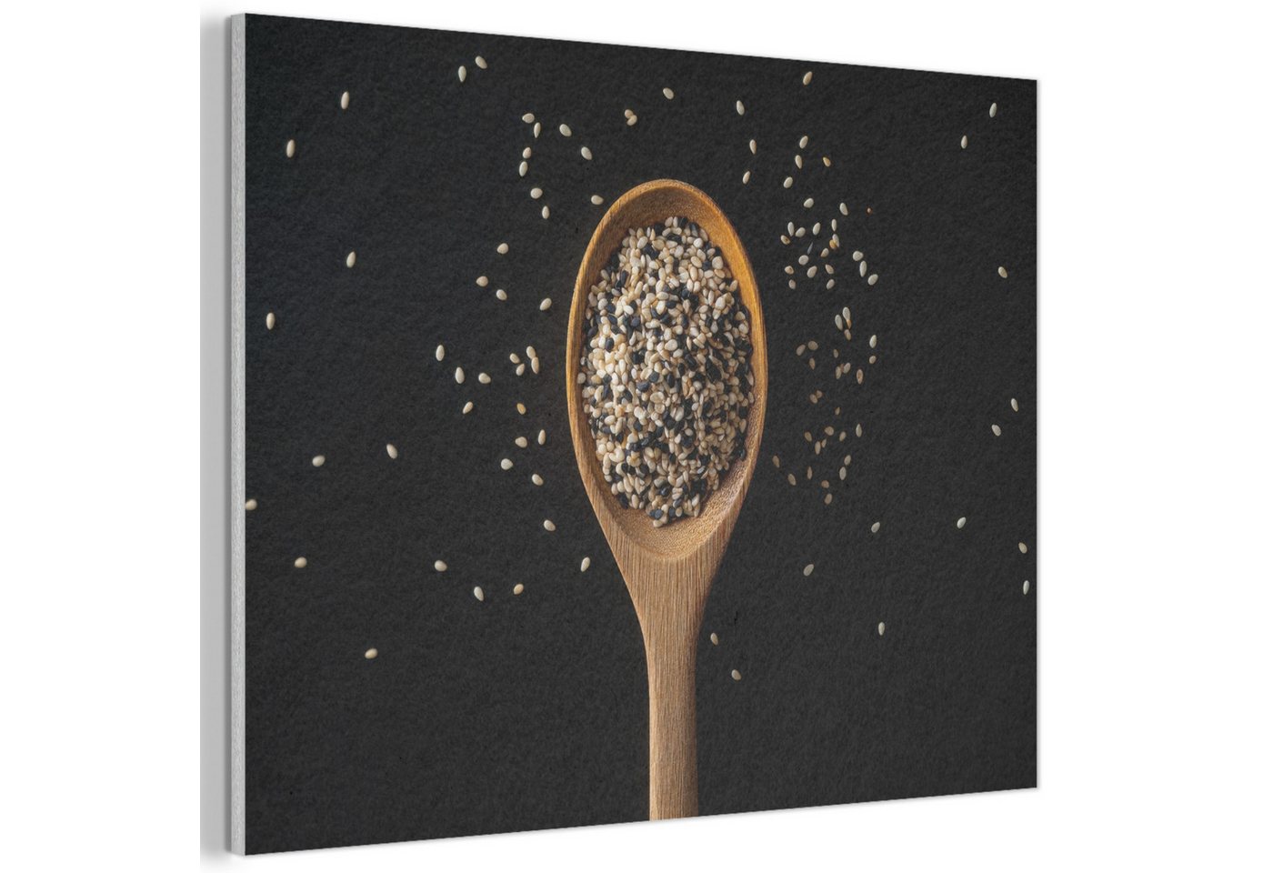 MuchoWow Gemälde Sesam - Löffel - Schwarz, Fotodruck (1 St), Akustikpaneele PET-Filz, Akustikbild, Schalldämmung, Deko 40x30 cm von MuchoWow