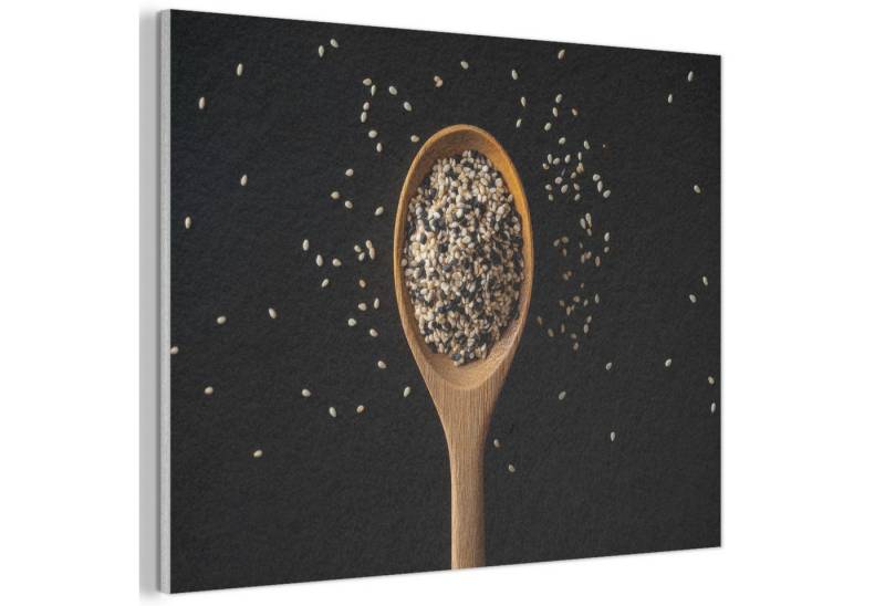MuchoWow Gemälde Sesam - Löffel - Schwarz, Fotodruck (1 St), Akustikpaneele PET-Filz, Akustikbild, Schalldämmung, Deko 40x30 cm von MuchoWow