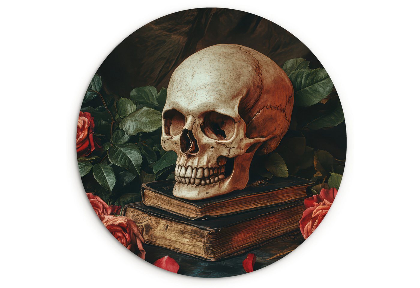 MuchoWow Gemälde Skelett - Kerzen - Rosen - Schädel - Bücher - Kerzenständer, Fotodruck (1 St), Kreis Wanddekoration, Rundes Wandbild, 30x30 cm von MuchoWow