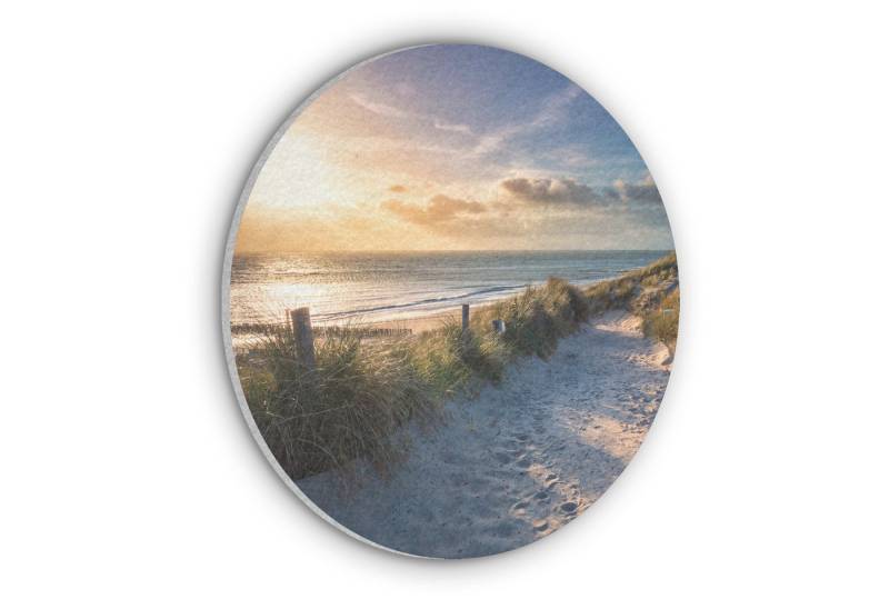 MuchoWow Gemälde Sonnenuntergang - Strand - Düne - Gras - Bank, Fotodruck (1 St), Akustikpaneele rund, Schalldämmung, Akustikbilder 30x30 cm von MuchoWow