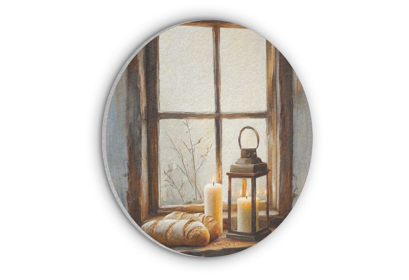 MuchoWow Gemälde Stilleben - Rustikal - Kerzen - Brote - Fenster, Fotodruck (1 St), Akustikpaneele rund, Schalldämmung, Akustikbilder 30x30 cm von MuchoWow