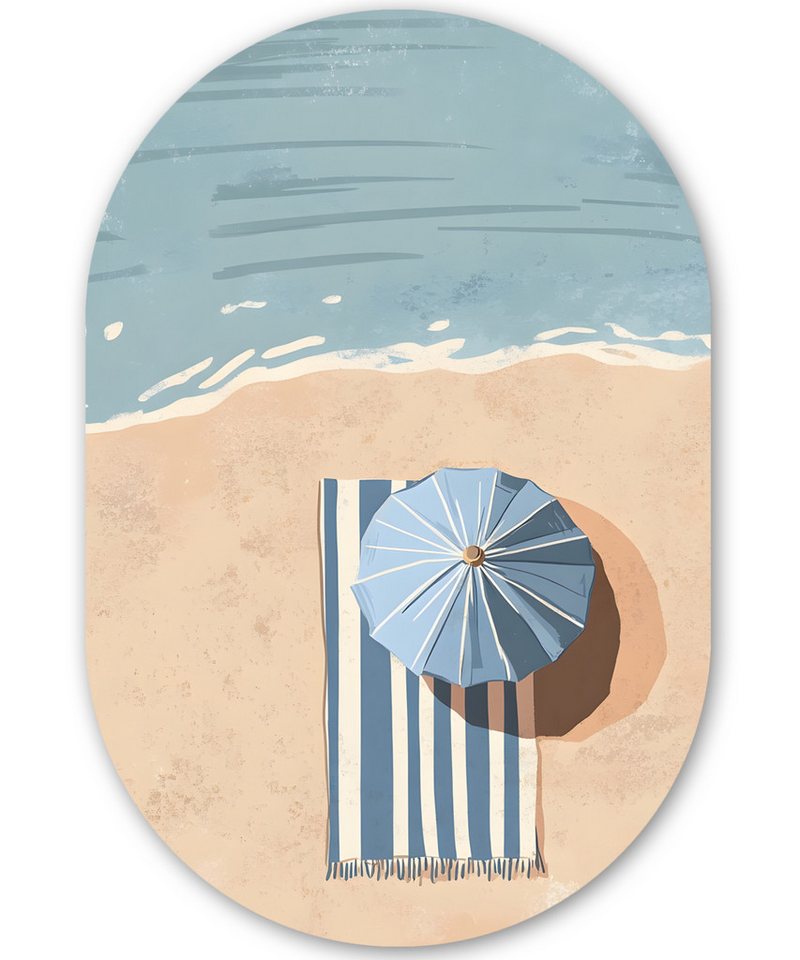 MuchoWow Gemälde Strandtuch - Streifen - Sonnenschirm - Strand, Fotodruck (1 St), Wandbild Oval, Wohnzimmer oder Schlafzimmer Wanddekoration, 40x60 cm von MuchoWow