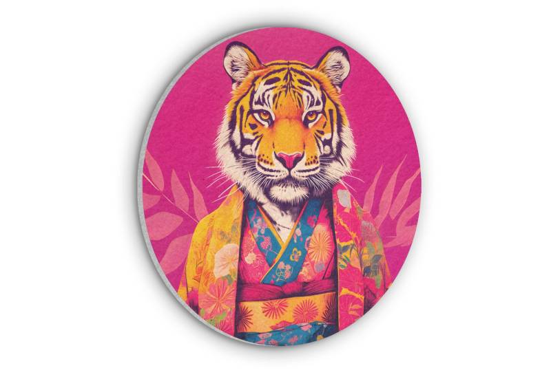 MuchoWow Gemälde Tiger - Kimono - Pflanzen - Rosa, Fotodruck (1 St), Akustikpaneele rund, Schalldämmung, Akustikbilder 30x30 cm von MuchoWow