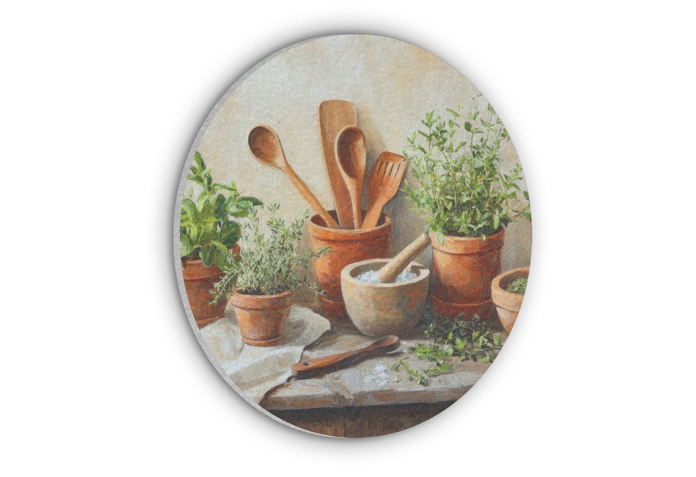 MuchoWow Gemälde Töpfe - Kräuter - Holz, Fotodruck (1 St), Akustikpaneele rund, Schalldämmung, Akustikbilder 30x30 cm von MuchoWow