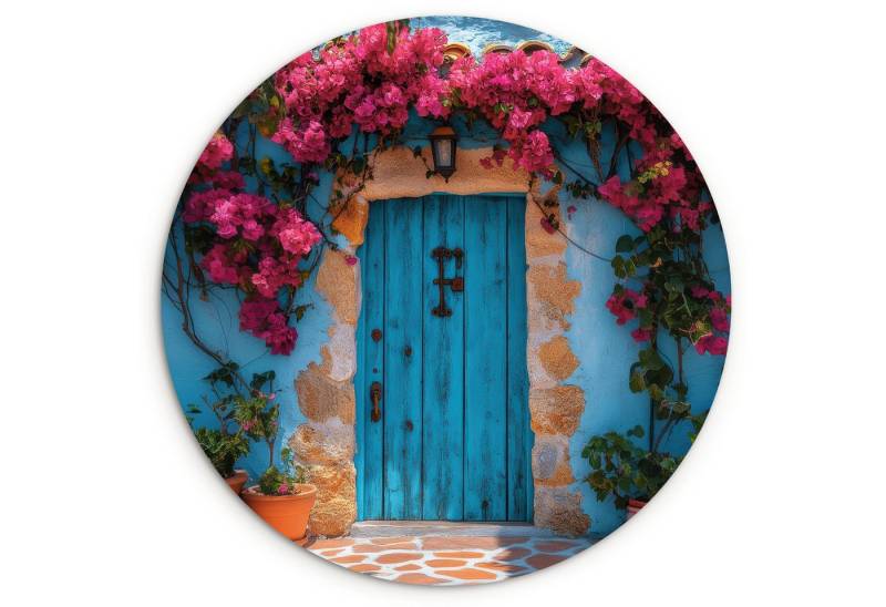MuchoWow Gemälde Tür - Holz - Blumen - Blau, Fotodruck (1 St), Kreis Wanddekoration, Rundes Wandbild, 30x30 cm von MuchoWow