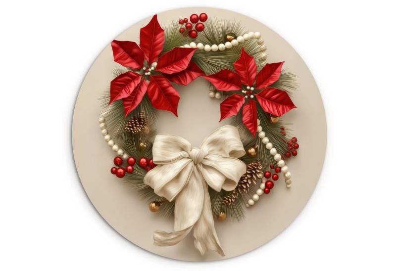 MuchoWow Gemälde Türkranz - Schleife - Weihnachten - Rot - Grün, Fotodruck (1 St), Kreis Wanddekoration, Rundes Wandbild, 30x30 cm von MuchoWow