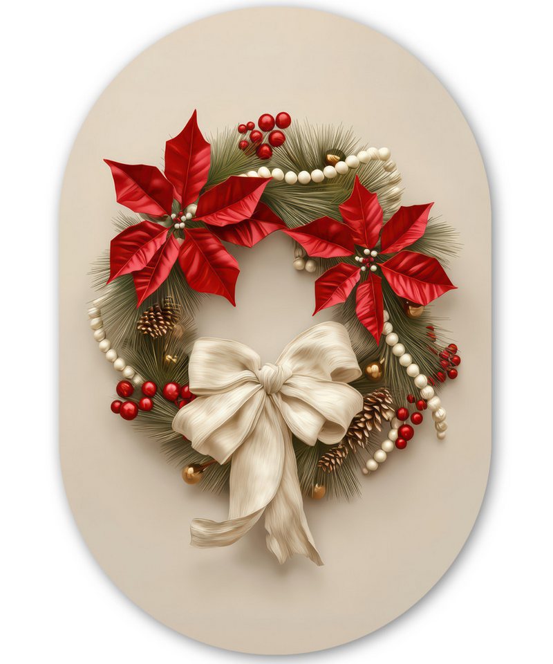 MuchoWow Gemälde Türkranz - Schleife - Weihnachten - Rot - Grün, Fotodruck (1 St), Wandbild Oval, Wohnzimmer oder Schlafzimmer Wanddekoration, 40x60 cm von MuchoWow