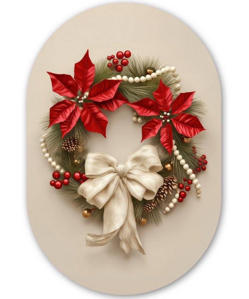 MuchoWow Gemälde Türkranz - Schleife - Weihnachten - Rot - Grün, Fotodruck (1 St), Wandbild Oval, Wohnzimmer oder Schlafzimmer Wanddekoration, 40x60 cm von MuchoWow