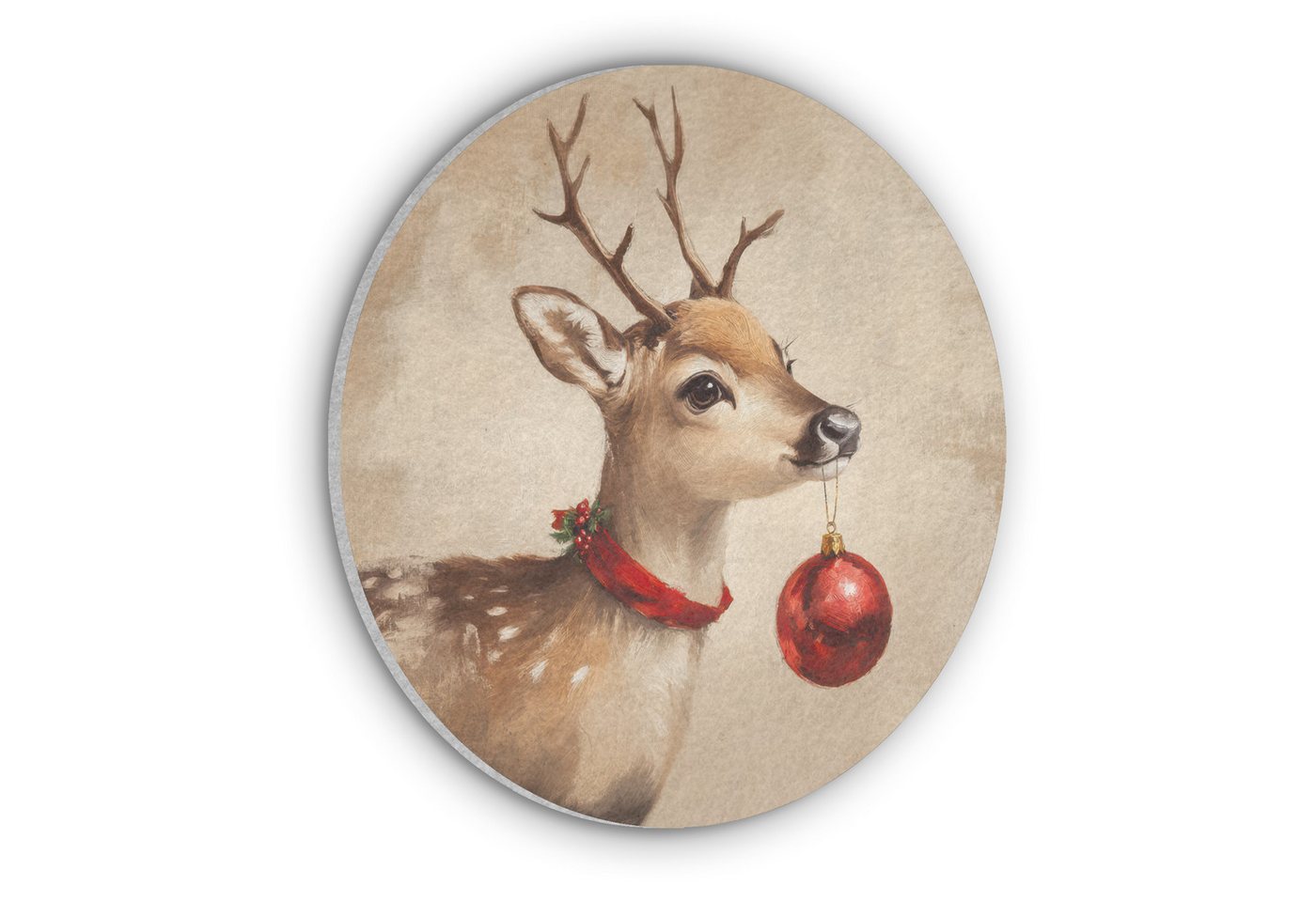 MuchoWow Gemälde Weihnachten - Hirsch - Geweih - Weihnachtskugel - Rentier, Fotodruck (1 St), Akustikpaneele rund, Schalldämmung, Akustikbilder 30x30 cm von MuchoWow