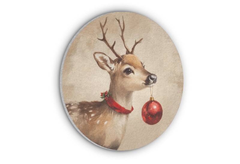 MuchoWow Gemälde Weihnachten - Hirsch - Geweih - Weihnachtskugel - Rentier, Fotodruck (1 St), Akustikpaneele rund, Schalldämmung, Akustikbilder 30x30 cm von MuchoWow