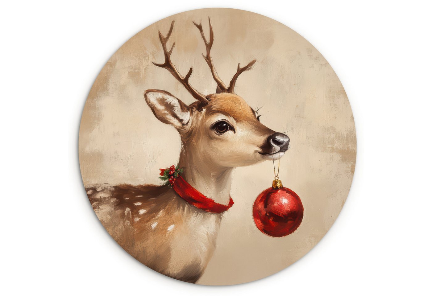 MuchoWow Gemälde Weihnachten - Hirsch - Geweih - Weihnachtskugel - Rentier, Fotodruck (1 St), Kreis Wanddekoration, Rundes Wandbild, 30x30 cm von MuchoWow