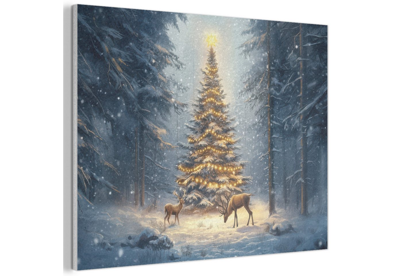 MuchoWow Gemälde Weihnachtsbeleuchtung - Wald - Hirsche - Dunkelheit, Fotodruck (1 St), Akustikpaneele PET-Filz, Akustikbild, Schalldämmung, Deko 40x30 cm von MuchoWow