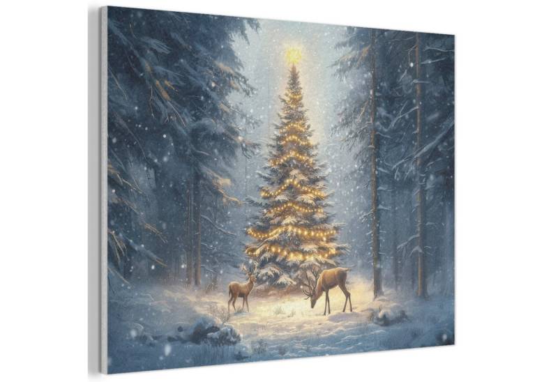 MuchoWow Gemälde Weihnachtsbeleuchtung - Wald - Hirsche - Dunkelheit, Fotodruck (1 St), Akustikpaneele PET-Filz, Akustikbild, Schalldämmung, Deko 40x30 cm von MuchoWow