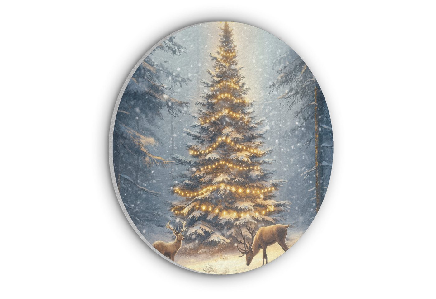 MuchoWow Gemälde Weihnachtsbeleuchtung - Wald - Hirsche - Dunkelheit, Fotodruck (1 St), Akustikpaneele rund, Schalldämmung, Akustikbilder 30x30 cm von MuchoWow