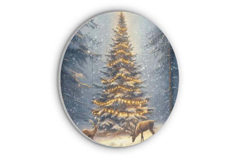 MuchoWow Gemälde Weihnachtsbeleuchtung - Wald - Hirsche - Dunkelheit, Fotodruck (1 St), Akustikpaneele rund, Schalldämmung, Akustikbilder 30x30 cm von MuchoWow